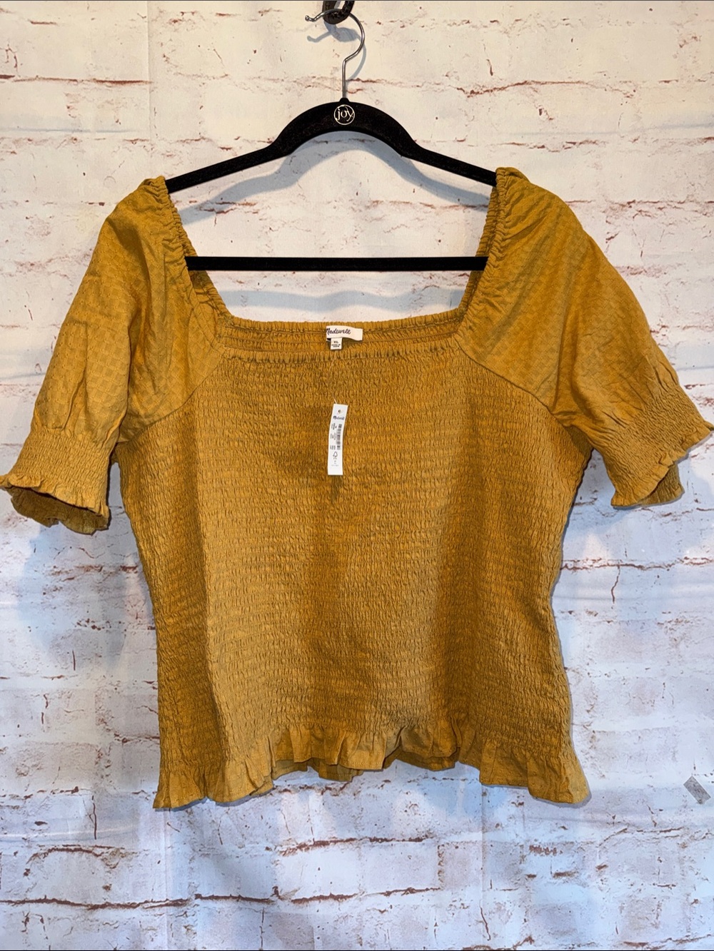 NWT Madewell Mustard Smocked Square-Neck Top XL bubble sleeve ruffle hem